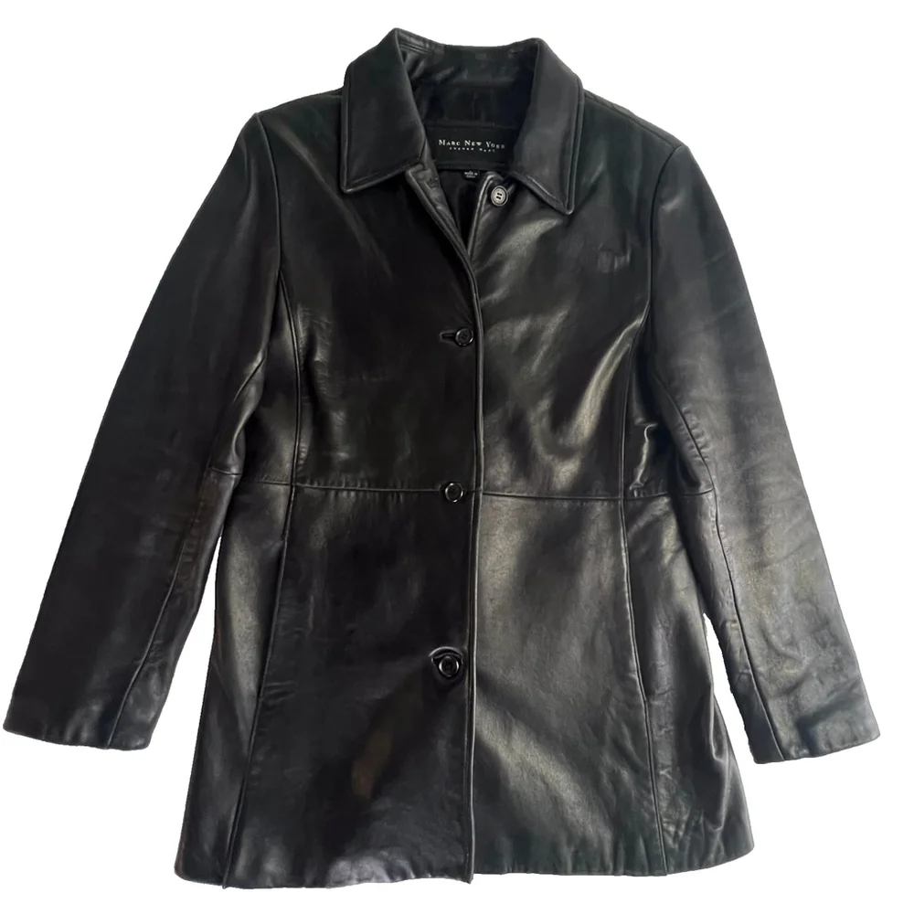 Marc New York Women L Black Genuine Leather Jacket Coat | Pockets, Lined 90s Lux - Picture 2 of 15